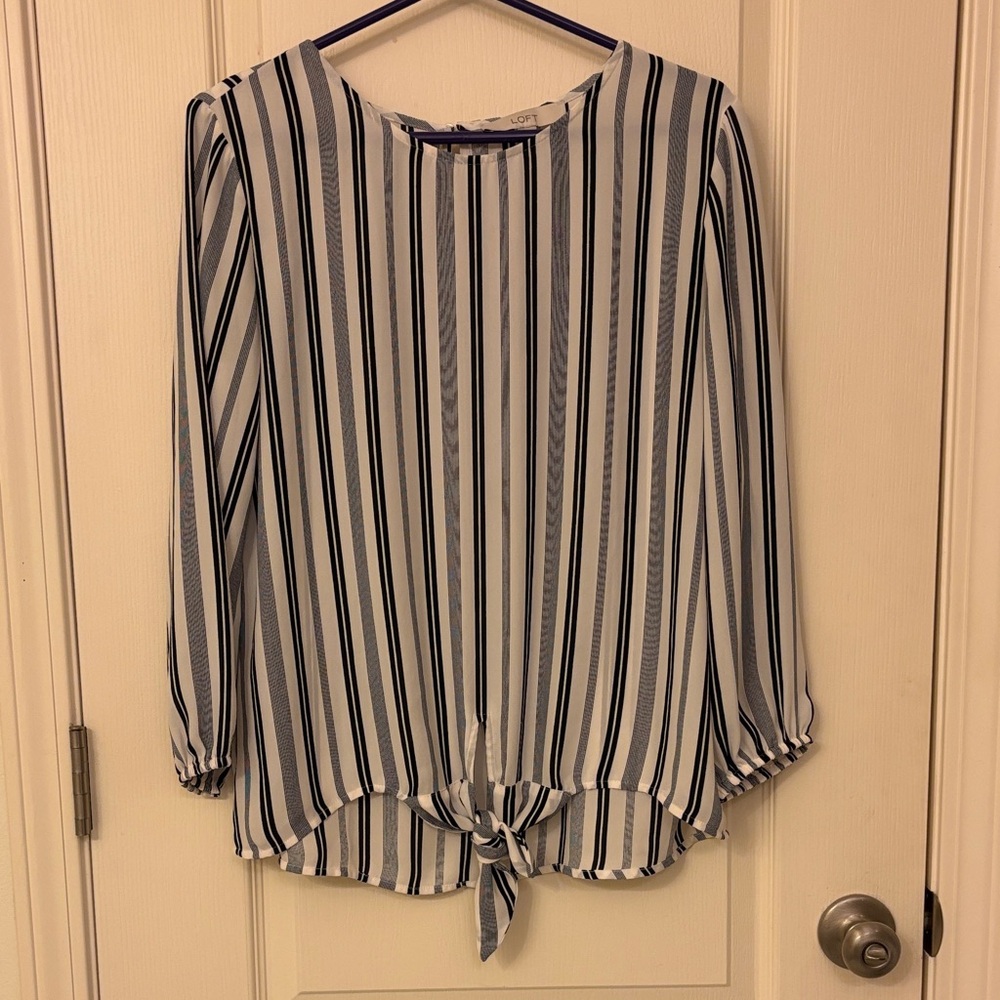 LOFT Navy and White Striped Blouse with Tie Front
